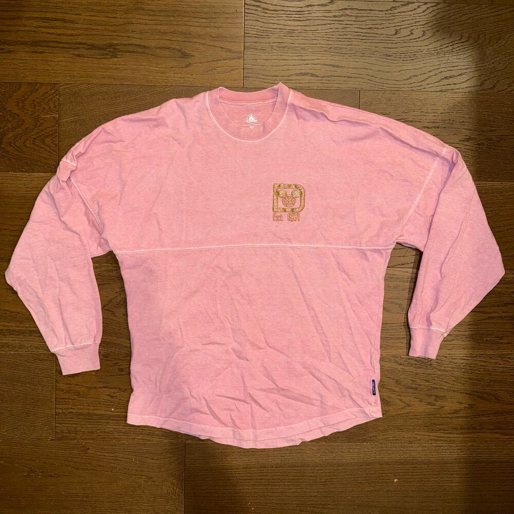 Disney Parks Pink Spirit Jersey Gold Glitter Puffy Letters Oversized XS EUC